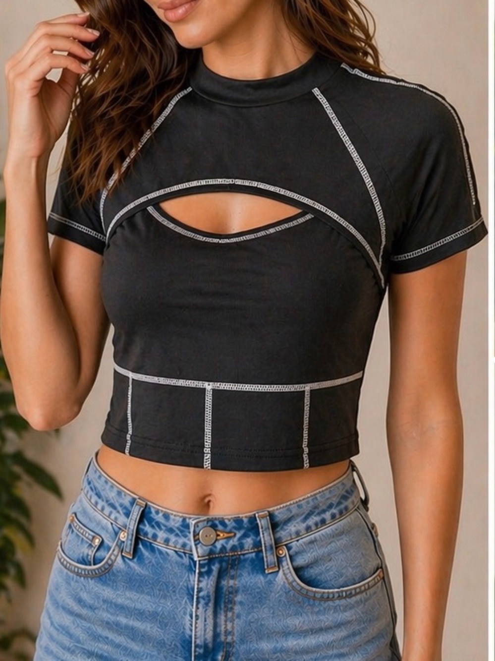Black Contrast Stitch Cut-Out Crop Top – Size Large, Snug Stretch Fit